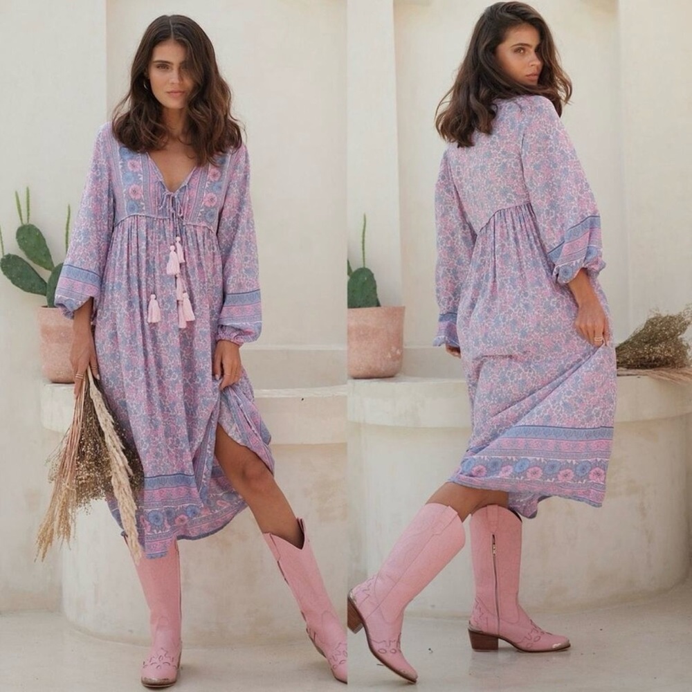 MAHLI The Label Neon Moon Boho Midi Dress In Berry Size S/M Coastal Cowgirl Glam